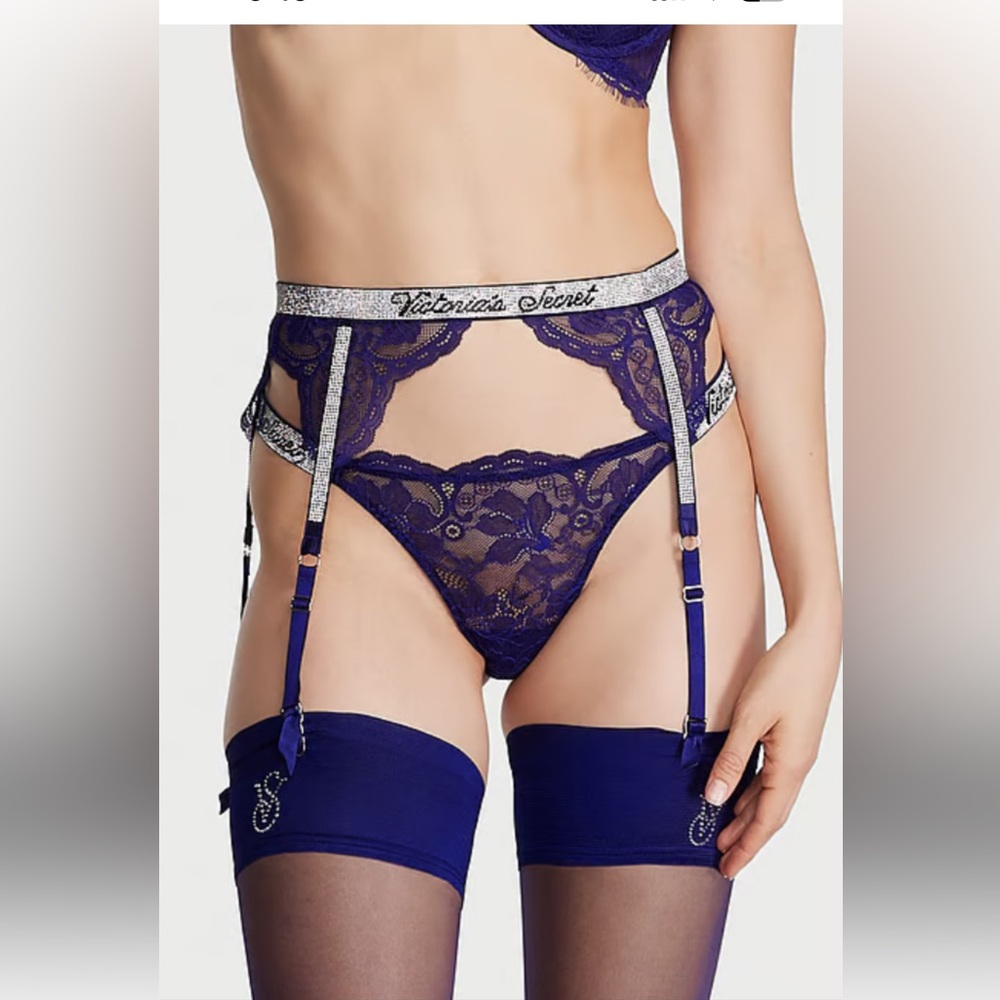 Victoria’s Secret VERY SEXY Shine Strap logo Royal blue Lace Garter Belt